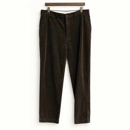 Polo Ralph Lauren dark brown corduroy pants on off white background