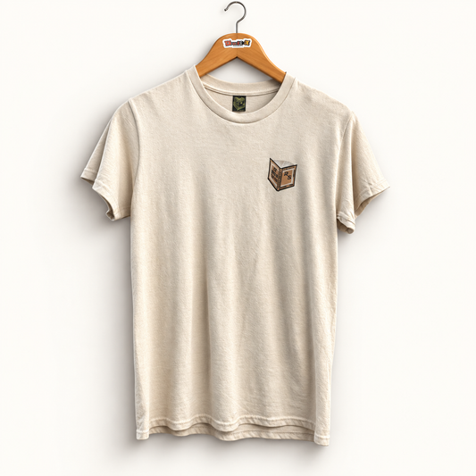 Rhyme Sheet beige tee on off white editorial background