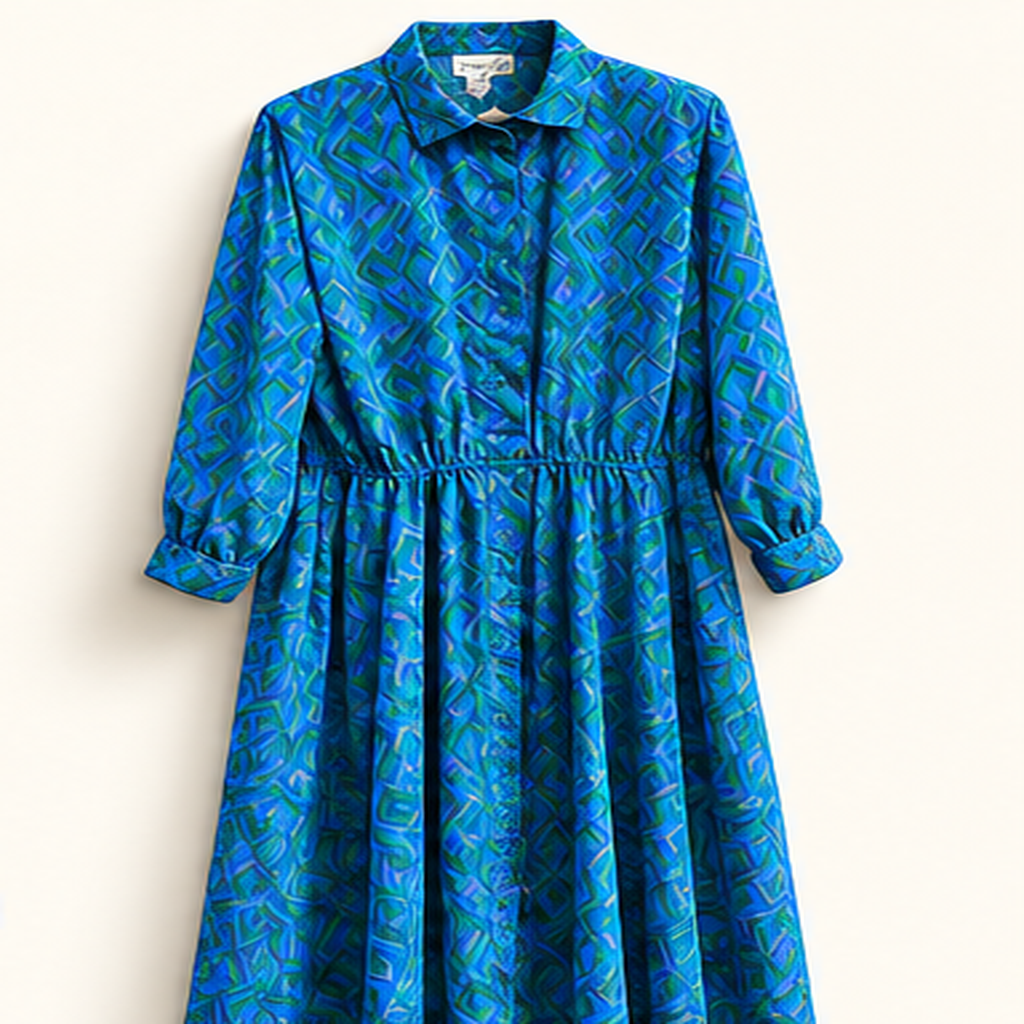 Schrader Sport blue and green patterned maxi dress on off white editorial background