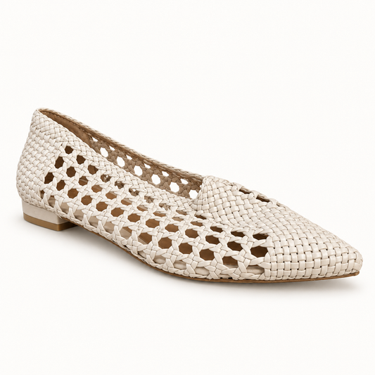 Souliers Martinez woven beige leather shoe on off white editorial background