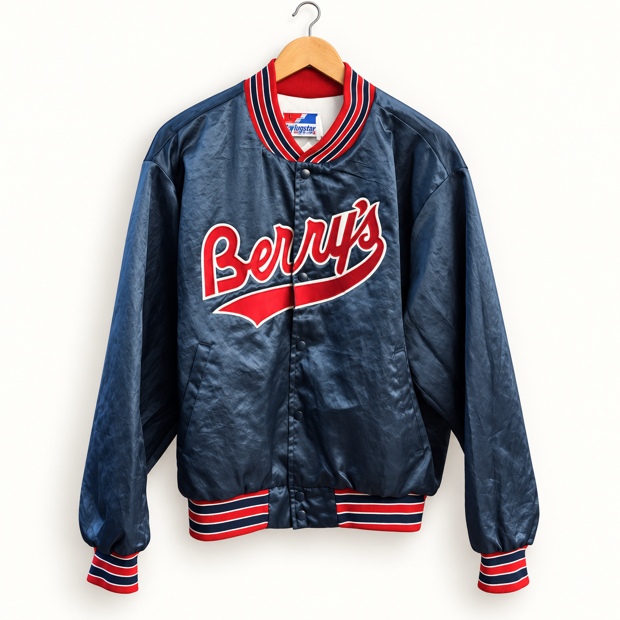 Swingster Berry's navy and red satin bomber jacket on off white editorial background