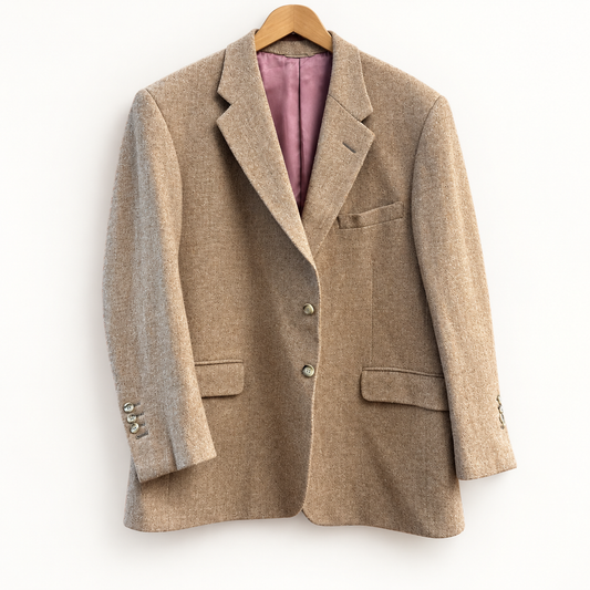 Tom James brown tweed sport coat on off white background