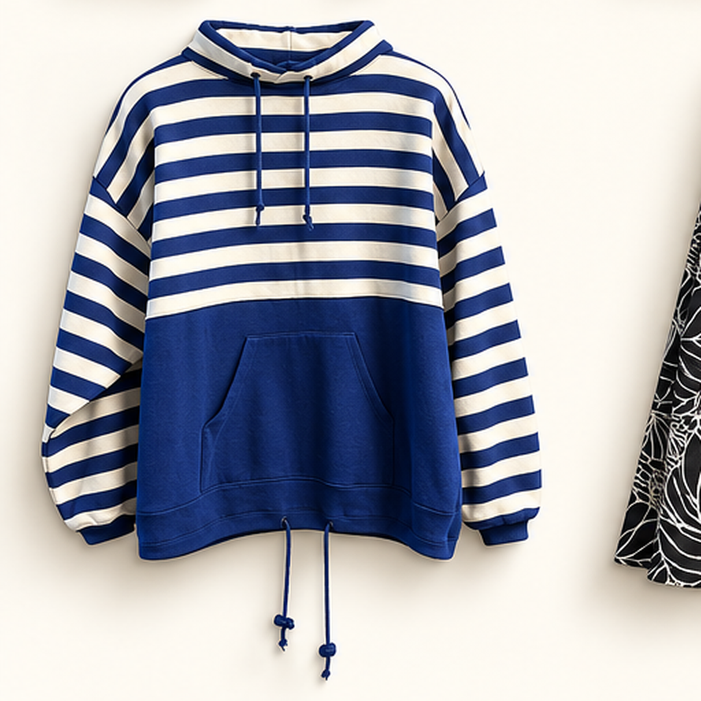Venezia vintage blue and white striped crewneck on off white editorial background