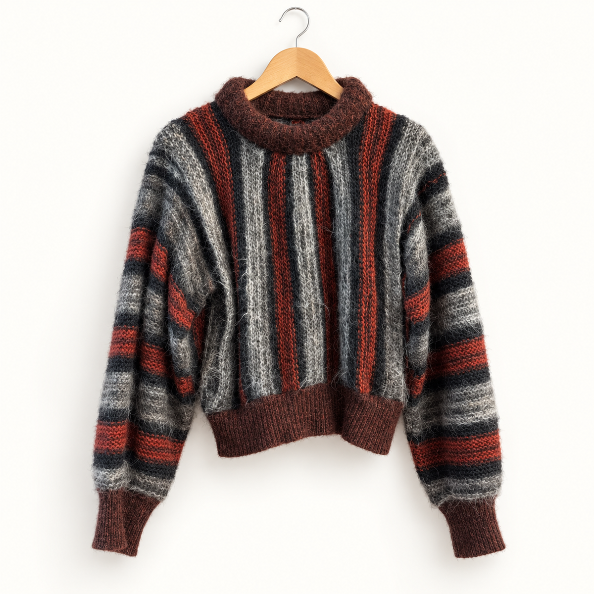 Vintage mohair maroon and grey striped sweater on off white background