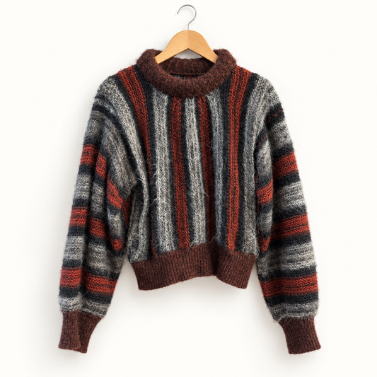 Vintage mohair maroon and grey striped sweater on off white background