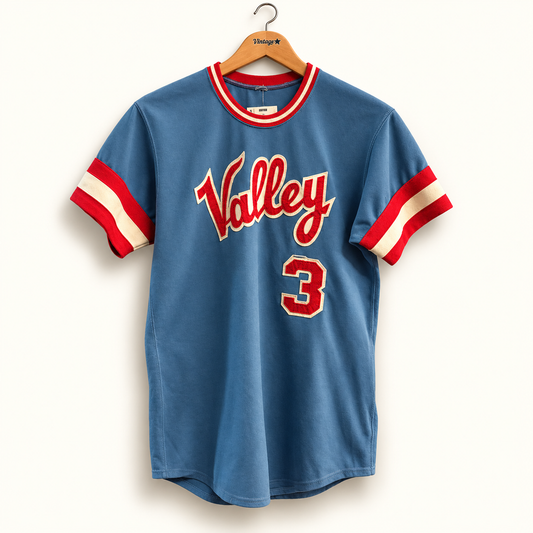 Vintage Valley 3 blue red and white jersey on off white editorial background