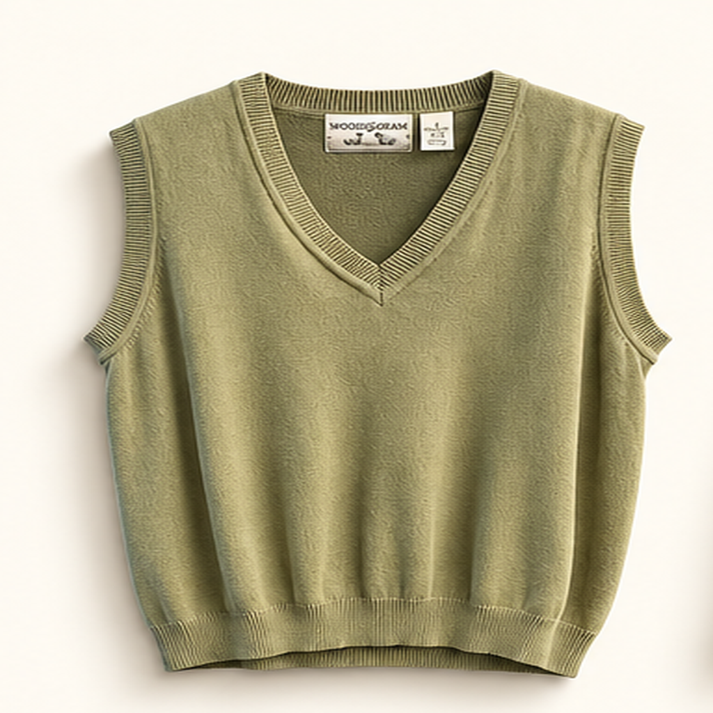 Woods and Grey olive sweater vest on off white editorial background