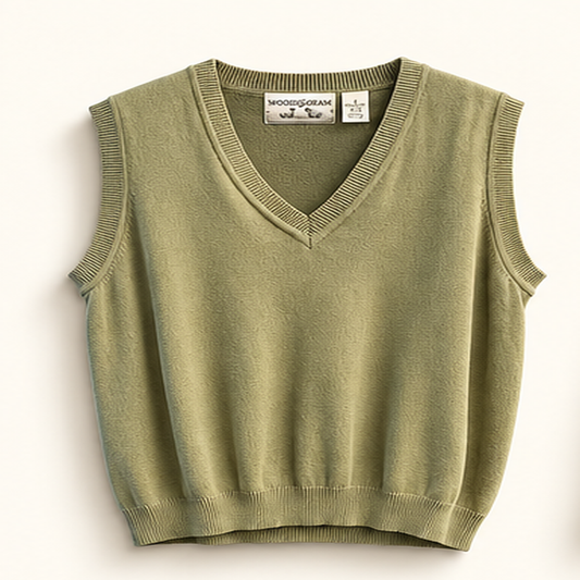 Woods and Grey olive sweater vest on off white editorial background